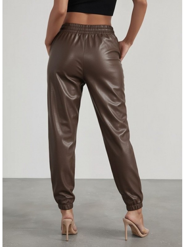 Kadın Yüksek Bel Lastikli önü Düğmeli Deri Pantolon , 29405