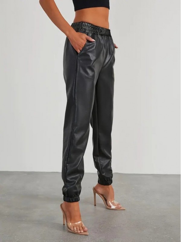 Kadın Yüksek Bel Lastikli önü Düğmeli Deri Pantolon , 29403