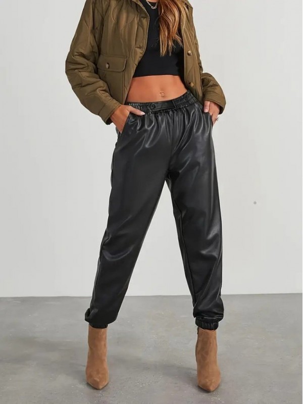 Kadın Yüksek Bel Lastikli önü Düğmeli Deri Pantolon , 29403