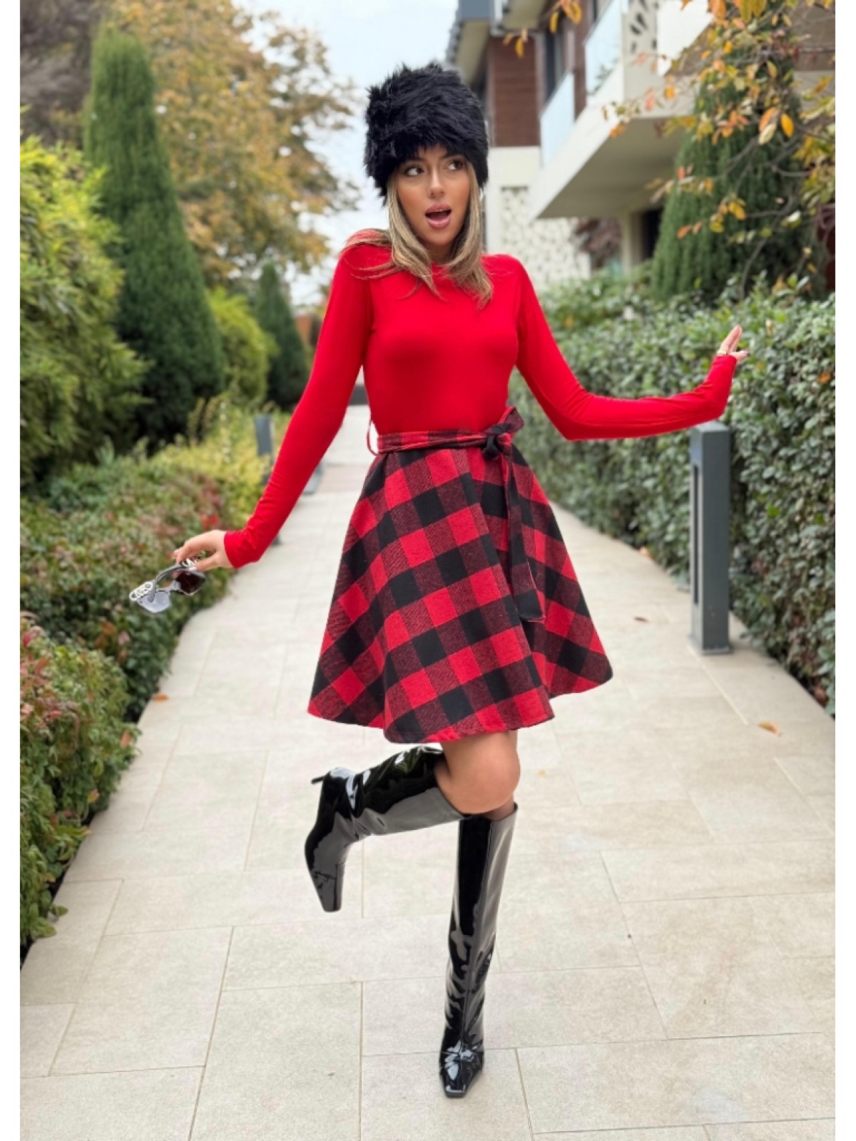 Kadın Uzun Kollu Bisiklet Yaka üst Viskon Alt Ekose Kısa Elbise , 19763