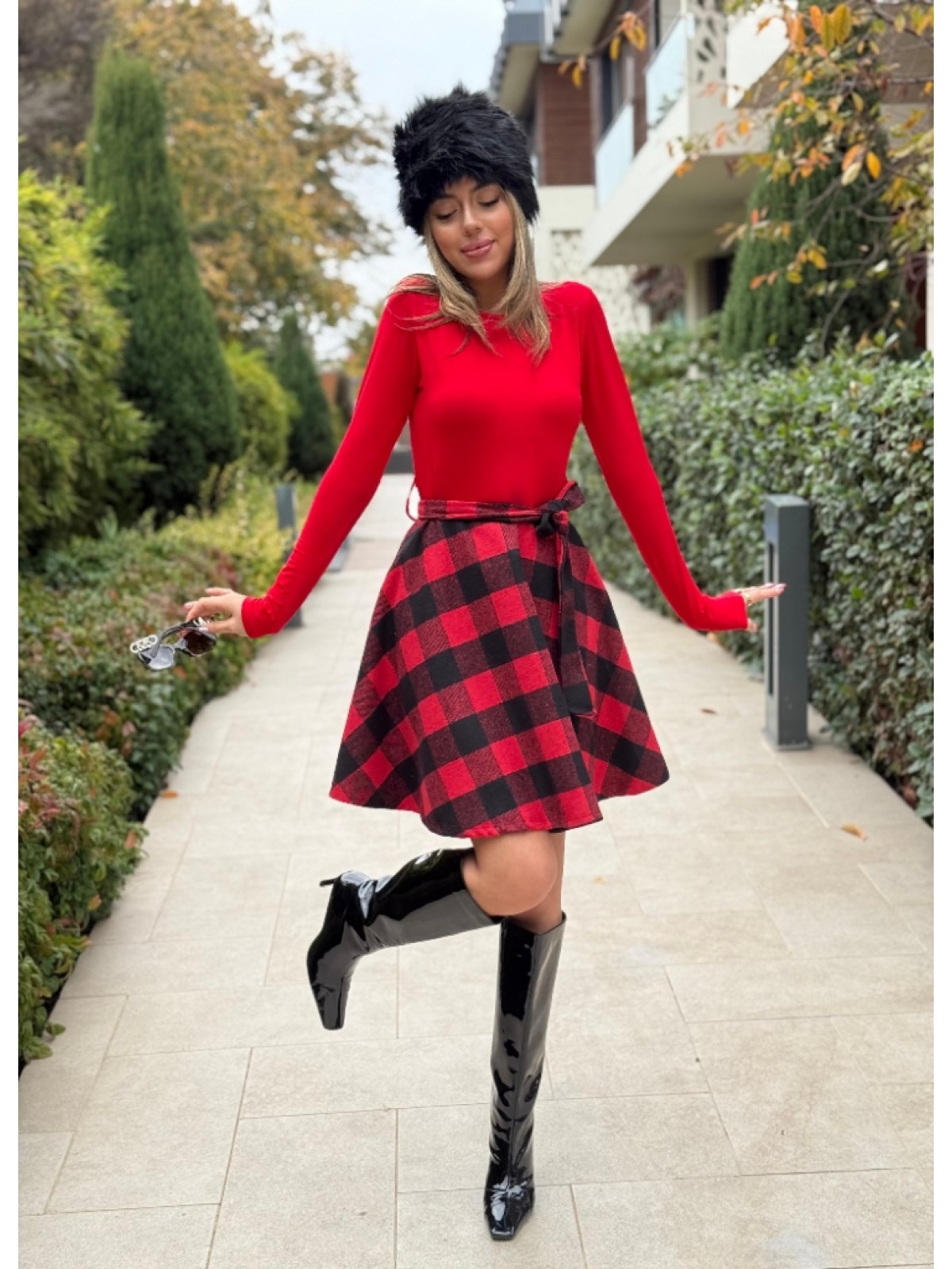 Kadın Uzun Kollu Bisiklet Yaka üst Viskon Alt Ekose Kısa Elbise , 19763