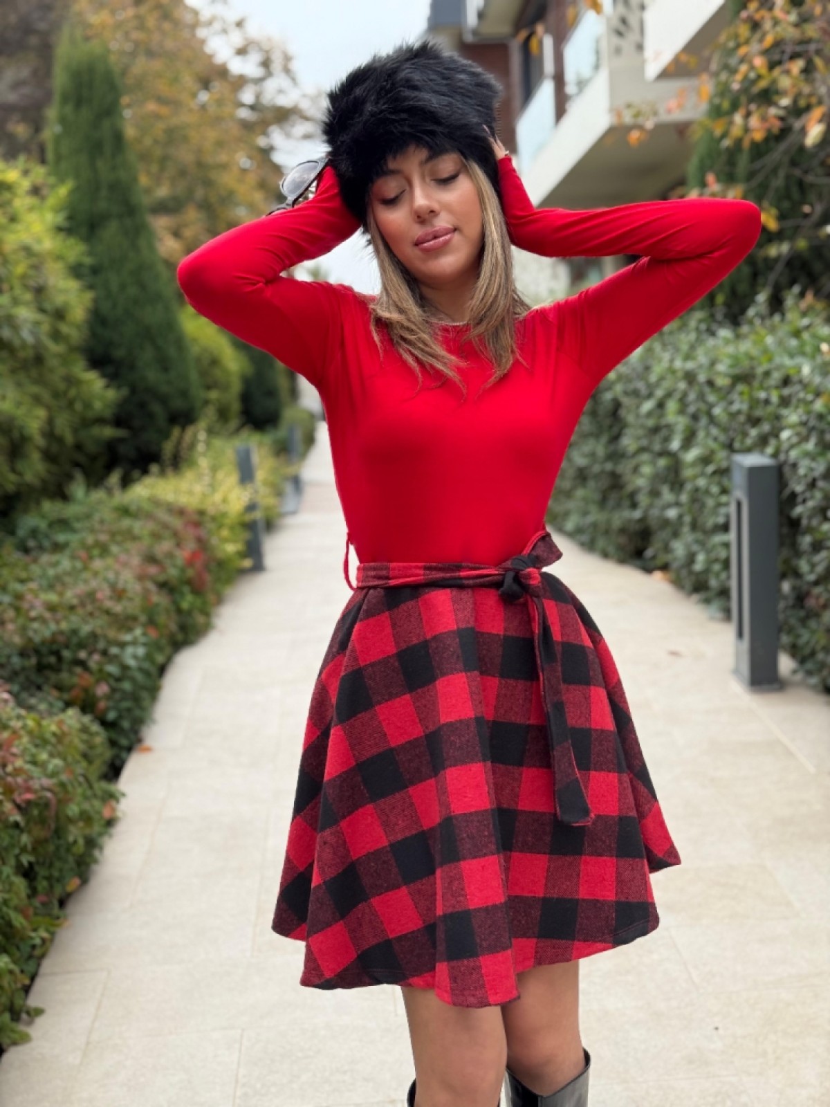 Kadın Uzun Kollu Bisiklet Yaka üst Viskon Alt Ekose Kısa Elbise , 19763