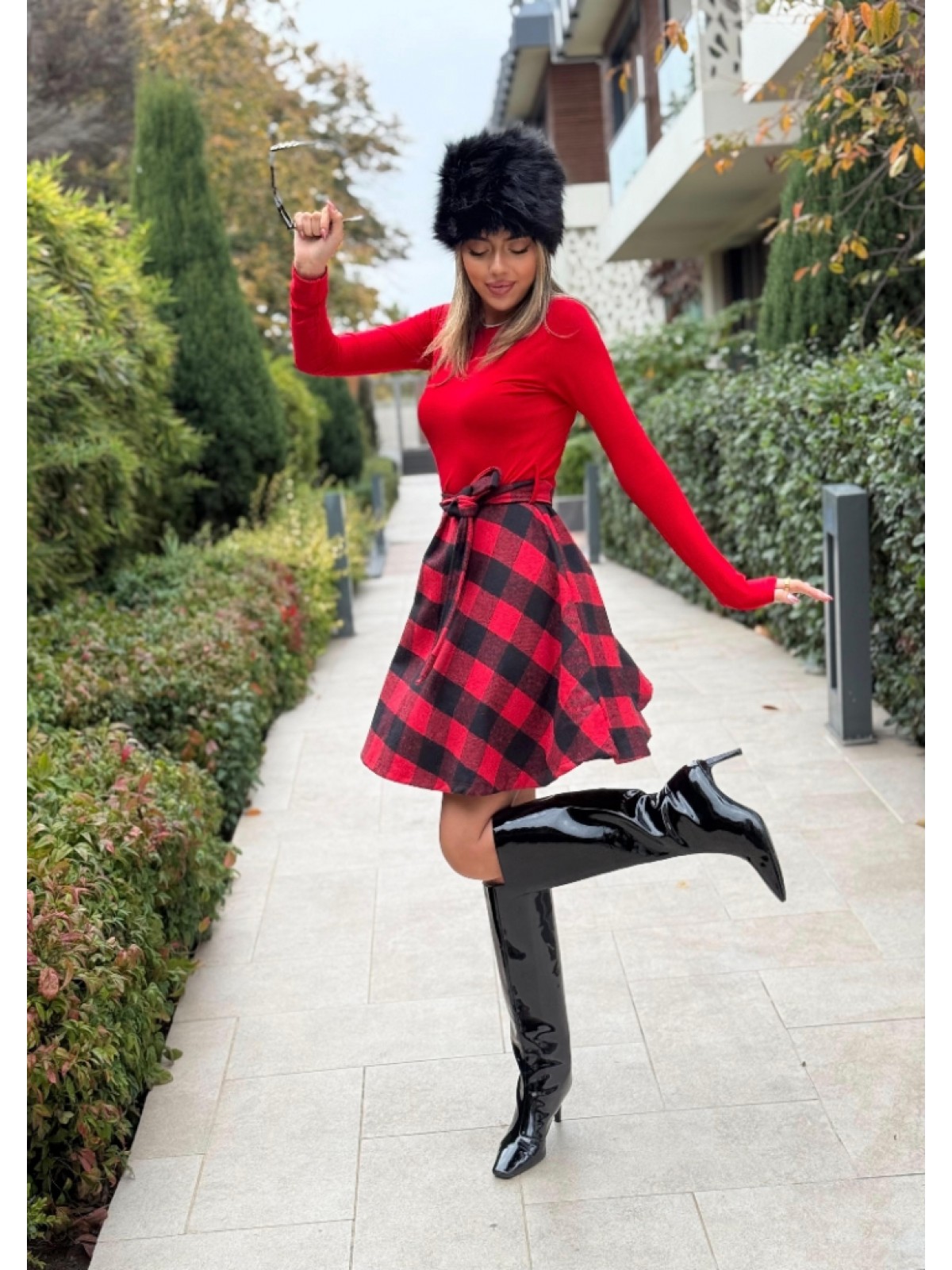 Kadın Uzun Kollu Bisiklet Yaka üst Viskon Alt Ekose Kısa Elbise , 19763