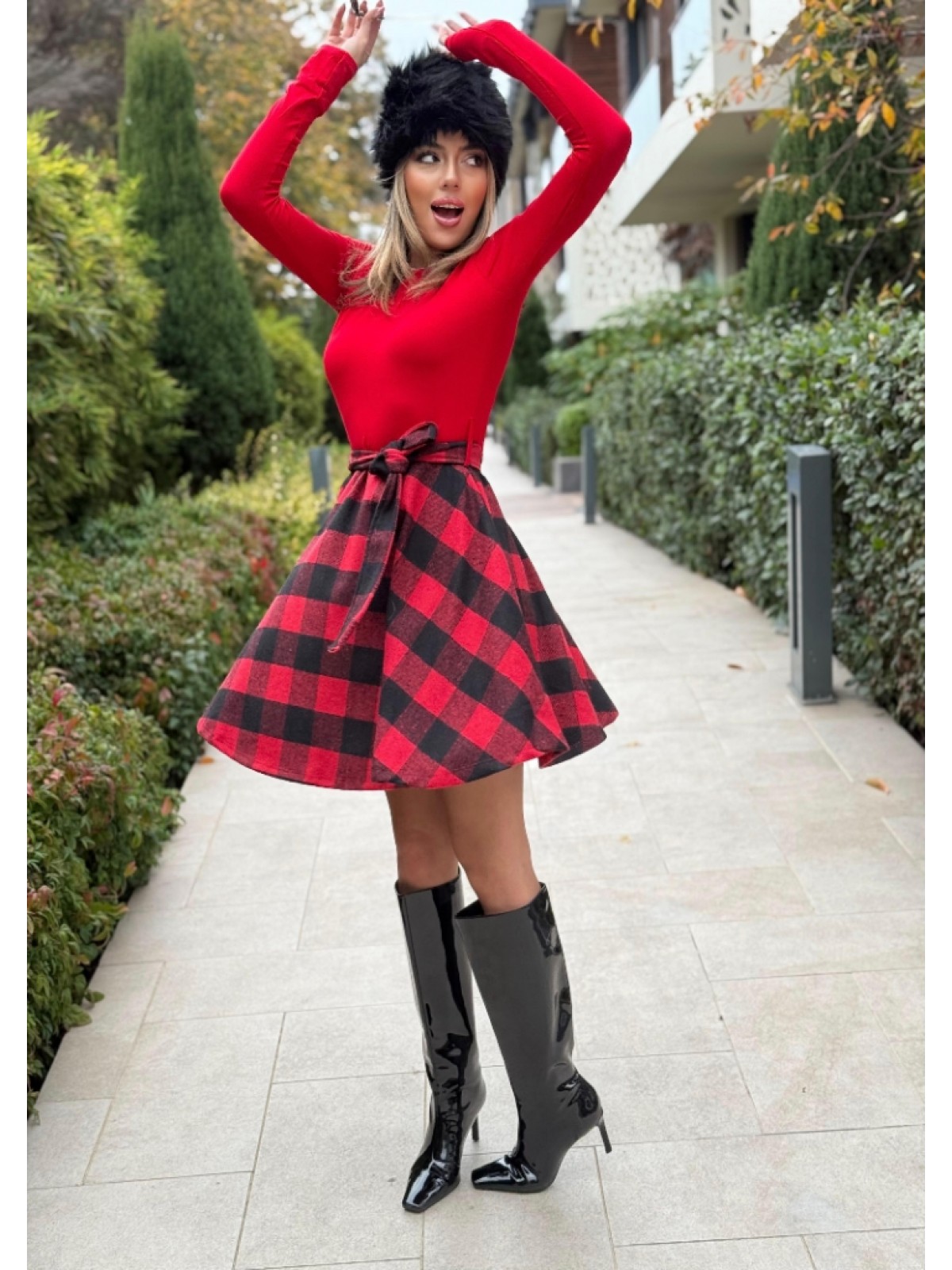 Kadın Uzun Kollu Bisiklet Yaka üst Viskon Alt Ekose Kısa Elbise , 19763