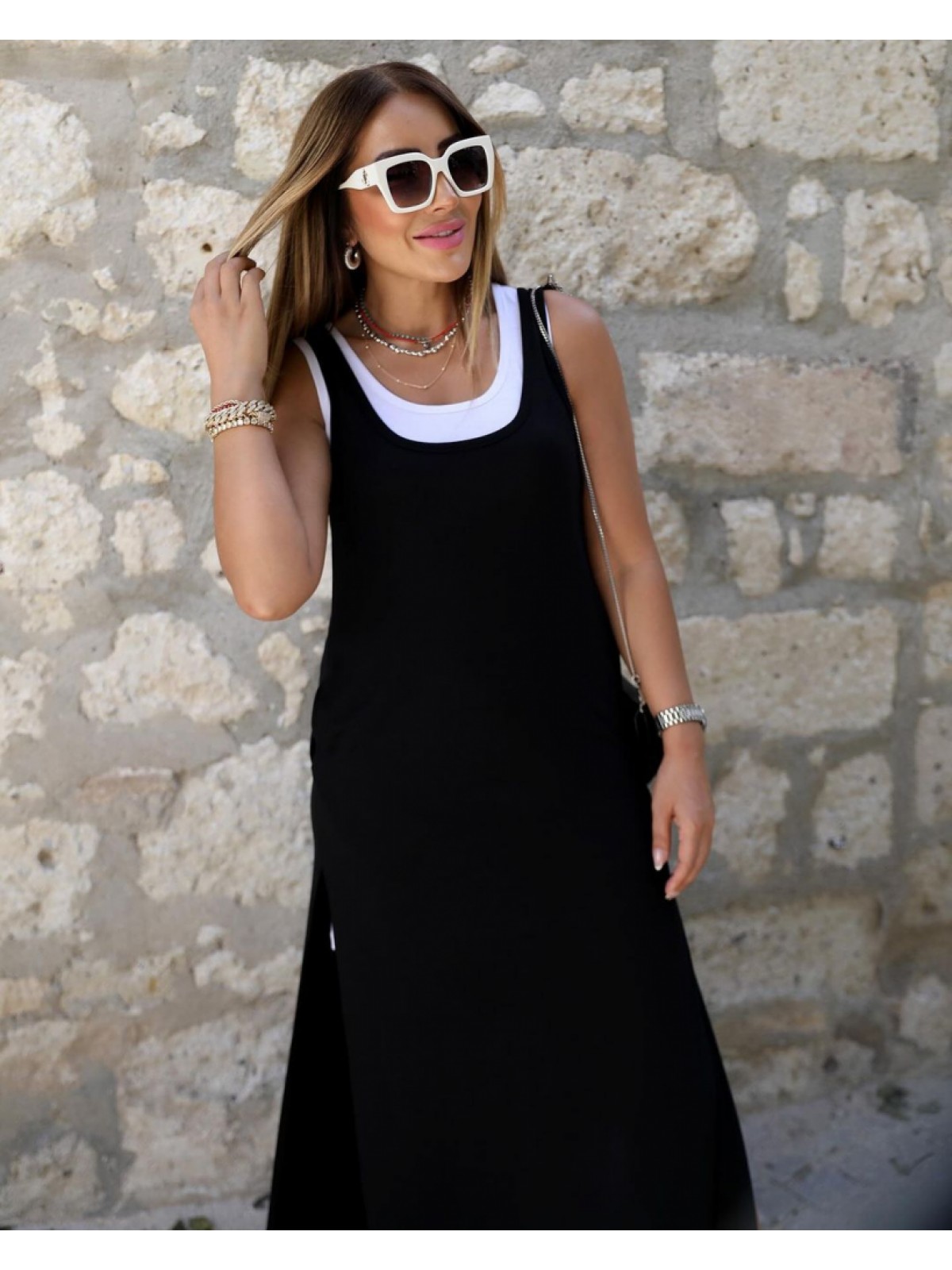 Kadın Askılı Yuvarlak Yakalı Cepli Yırtmaç Detaylı Viskon Elbise Ve Atlet Ikili Takım , 23774