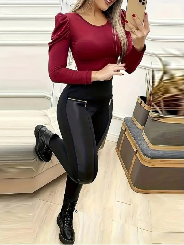 Kadın Yüksek Bel Deri Detaylı Fermuarlı Dalgıç Tayt , 27400