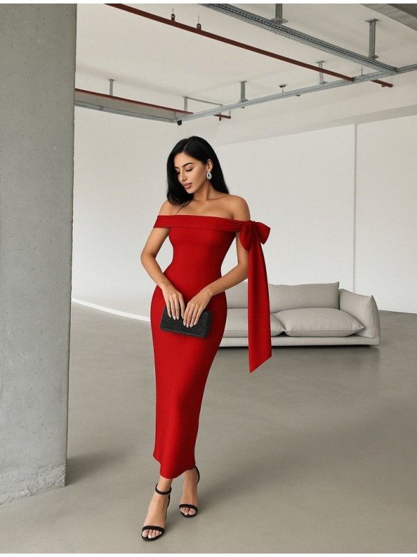 Kadın Omuz Dekolte Kurdele Detay Uzun Krep Elbise, 25986