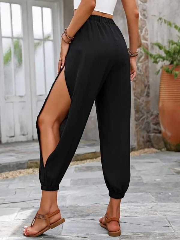 Kadın Yüksek Belli Yanlardan çapraz Detay Yırtmaçlı Viskon Pantolon , 26666