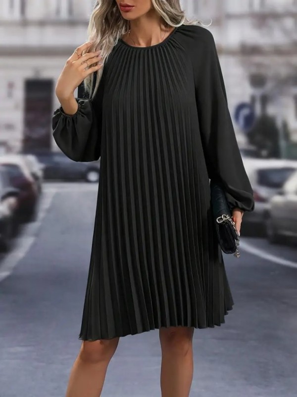 Kadın Uzun Kollu Yuvarlak Yaka Pileli Salaş Mini Ithal Krep Elbise, 28756