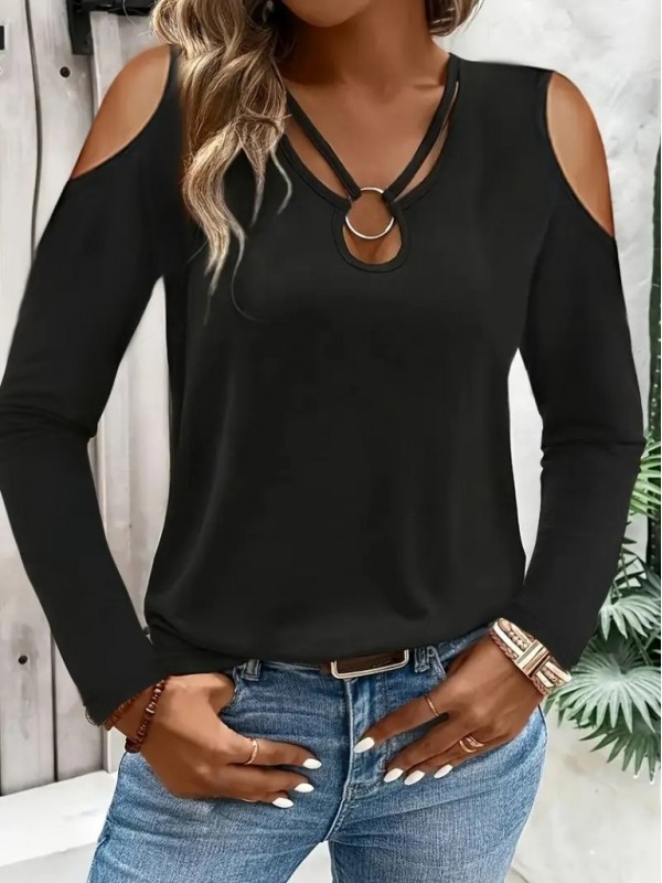 Kadın Omuzlardan Açık Uzun Kollu Yakadan Halka şerit Detaylı Viskon Bluz , 29167