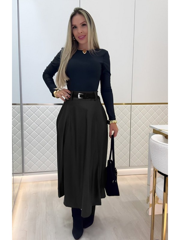 Kadın Yüksek Belli Maxi Deri Kemersiz Etek, 27323