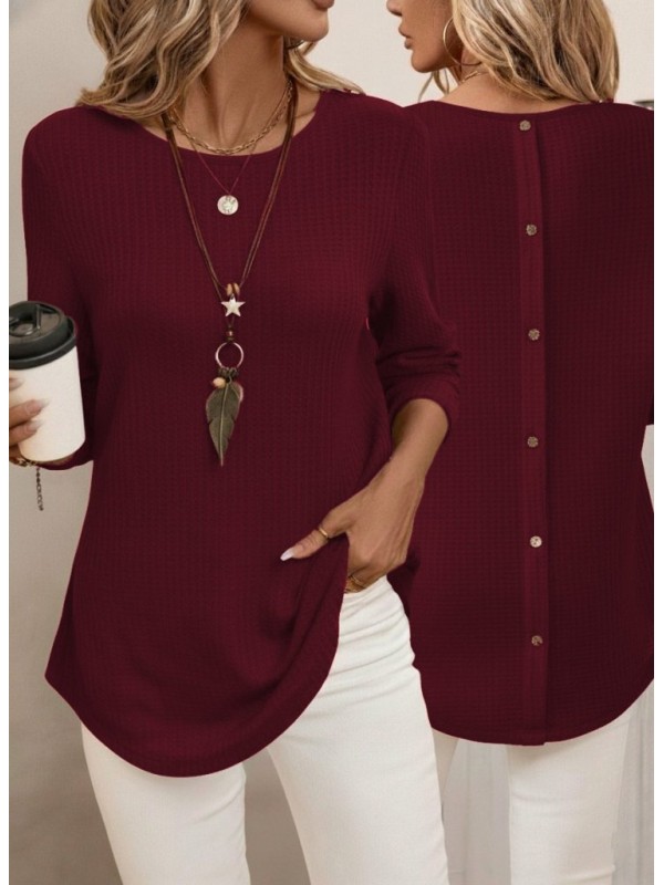 Kadın Uzun Kollu Yuvarlak Yaka Arkadan Düğmeli Waffle Bluz , 29307