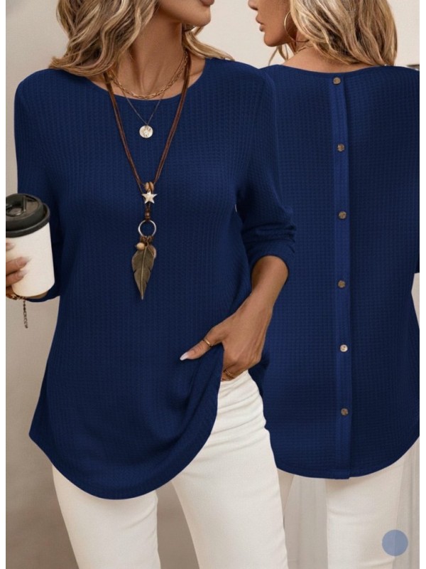 Kadın Uzun Kollu Yuvarlak Yaka Arkadan Düğmeli Waffle Bluz , 29306