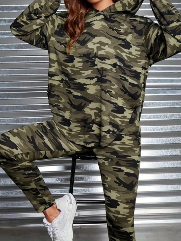 Kadın Uzun Kollu Kapşonlu Kamuflaj Desenli Bluz Ve Pantolon Tayt Ikili Takım , 29094