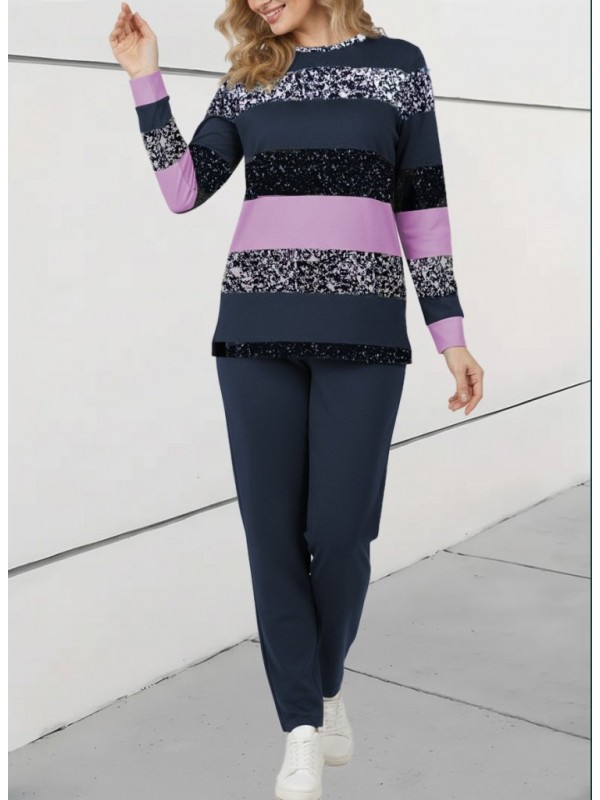 Kadın Uzun Kollu Bisiklet Yaka çizgili Desen Iki Iplik Bluz Ve Pantolon Ikili Takım, 29339