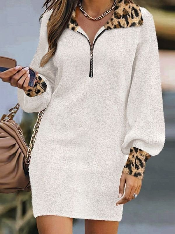 Kadın Uzun Kollu Yakalı önden Fermuarlı Leopar Detaylı Mini Peluş Elbise , 29321