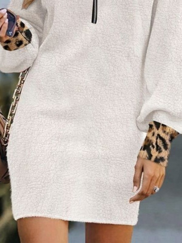 Kadın Uzun Kollu Yakalı önden Fermuarlı Leopar Detaylı Mini Peluş Elbise , 29321