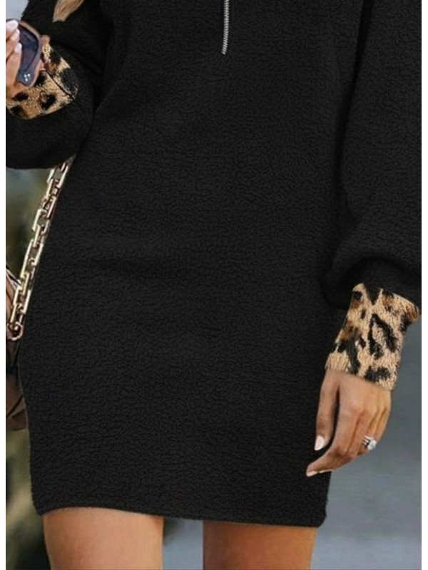 Kadın Uzun Kollu Yakalı önden Fermuarlı Leopar Detaylı Mini Peluş Elbise , 29320