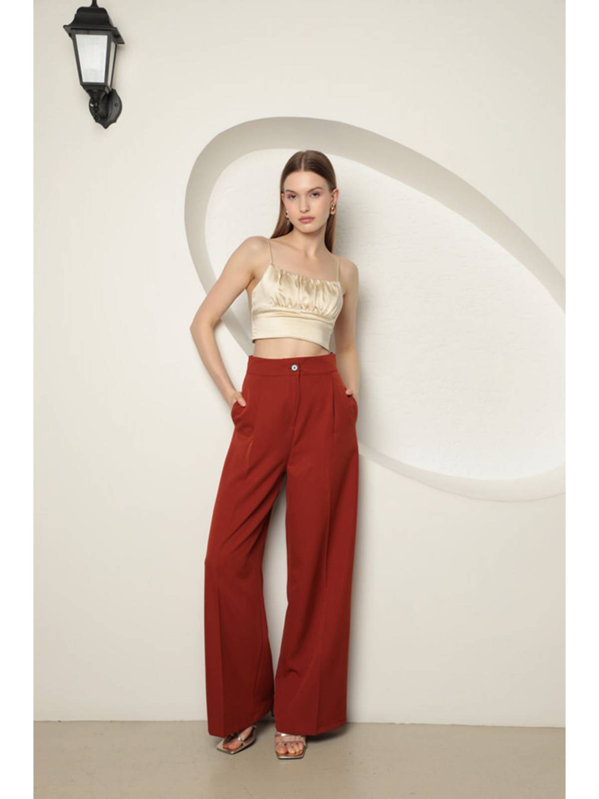 Atlas Kumaş Kadın Palazzo Pantolon-Kiremit