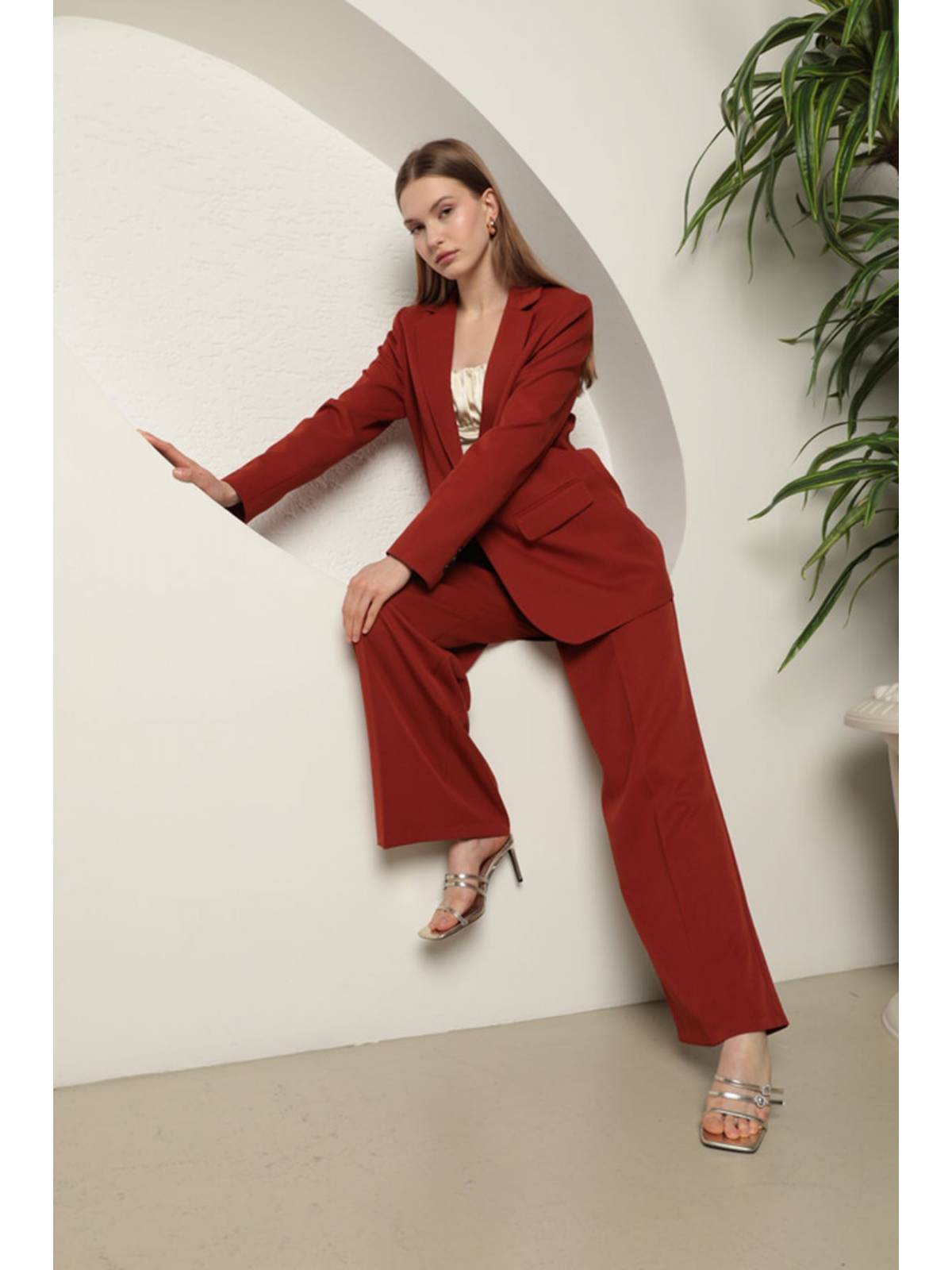 Atlas Kumaş Kadın Palazzo Pantolon-Kiremit