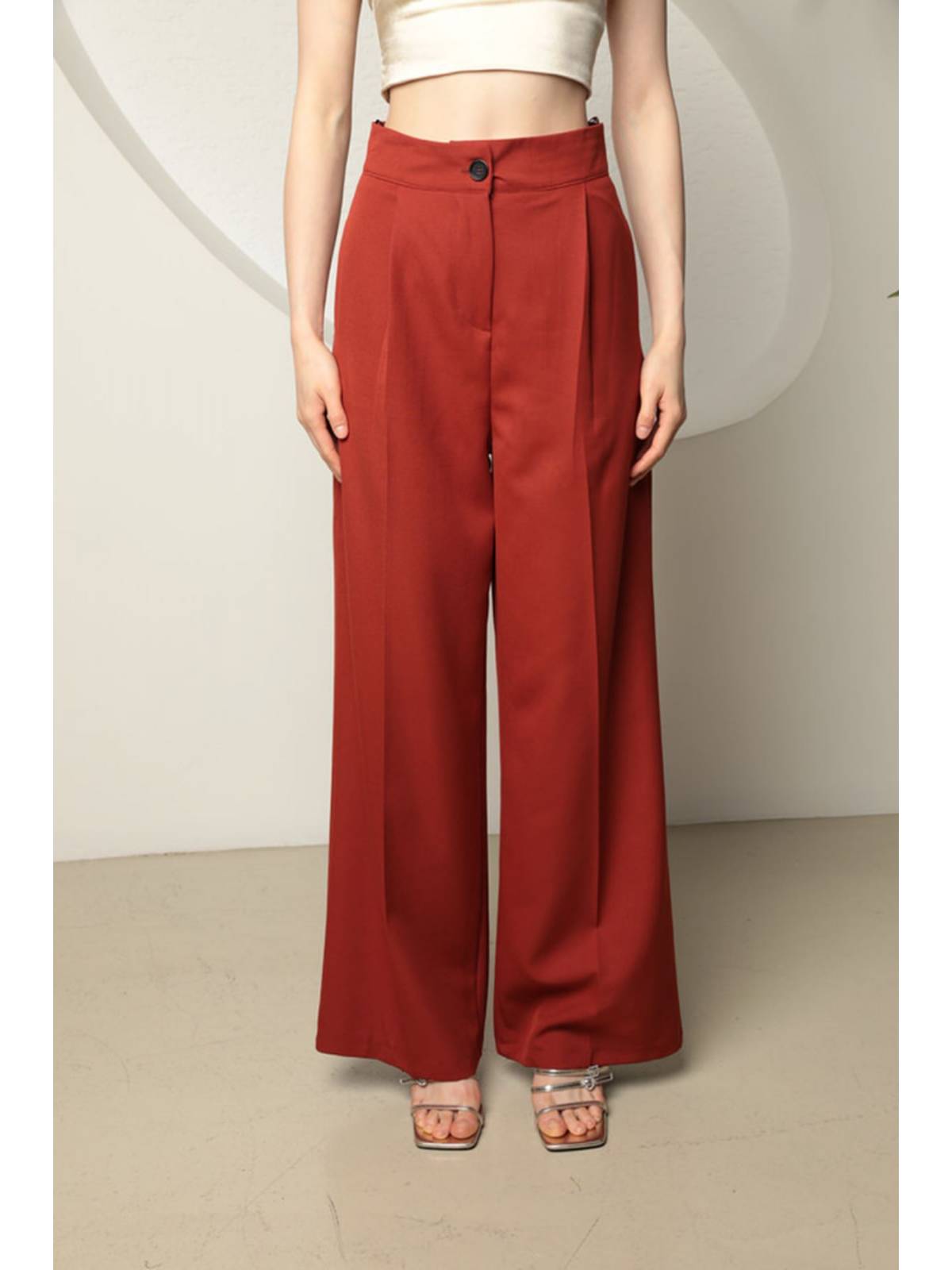 Atlas Kumaş Kadın Palazzo Pantolon-Kiremit