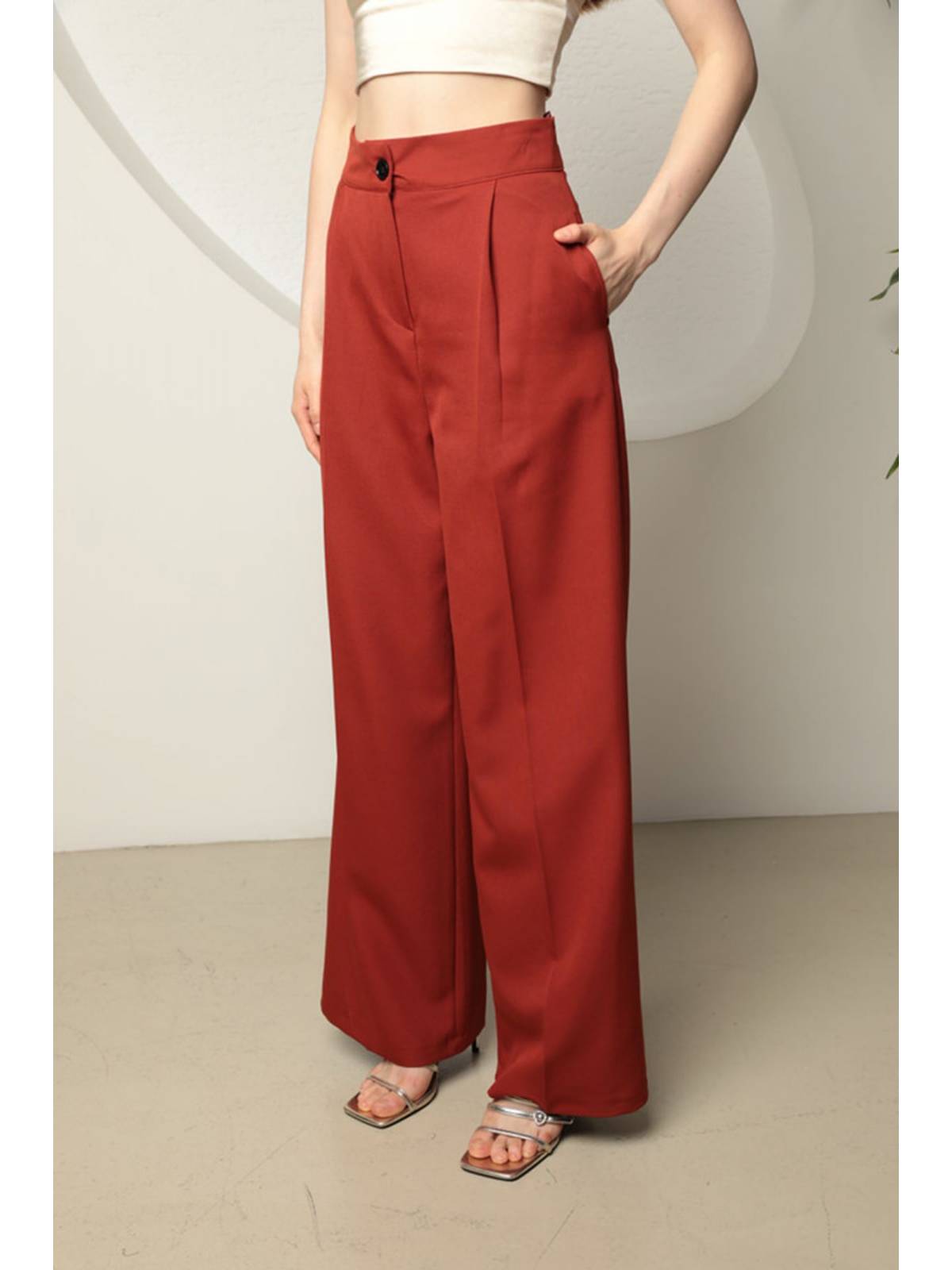 Atlas Kumaş Kadın Palazzo Pantolon-Kiremit