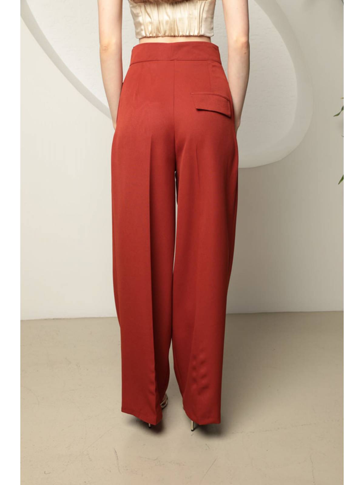 Atlas Kumaş Kadın Palazzo Pantolon-Kiremit