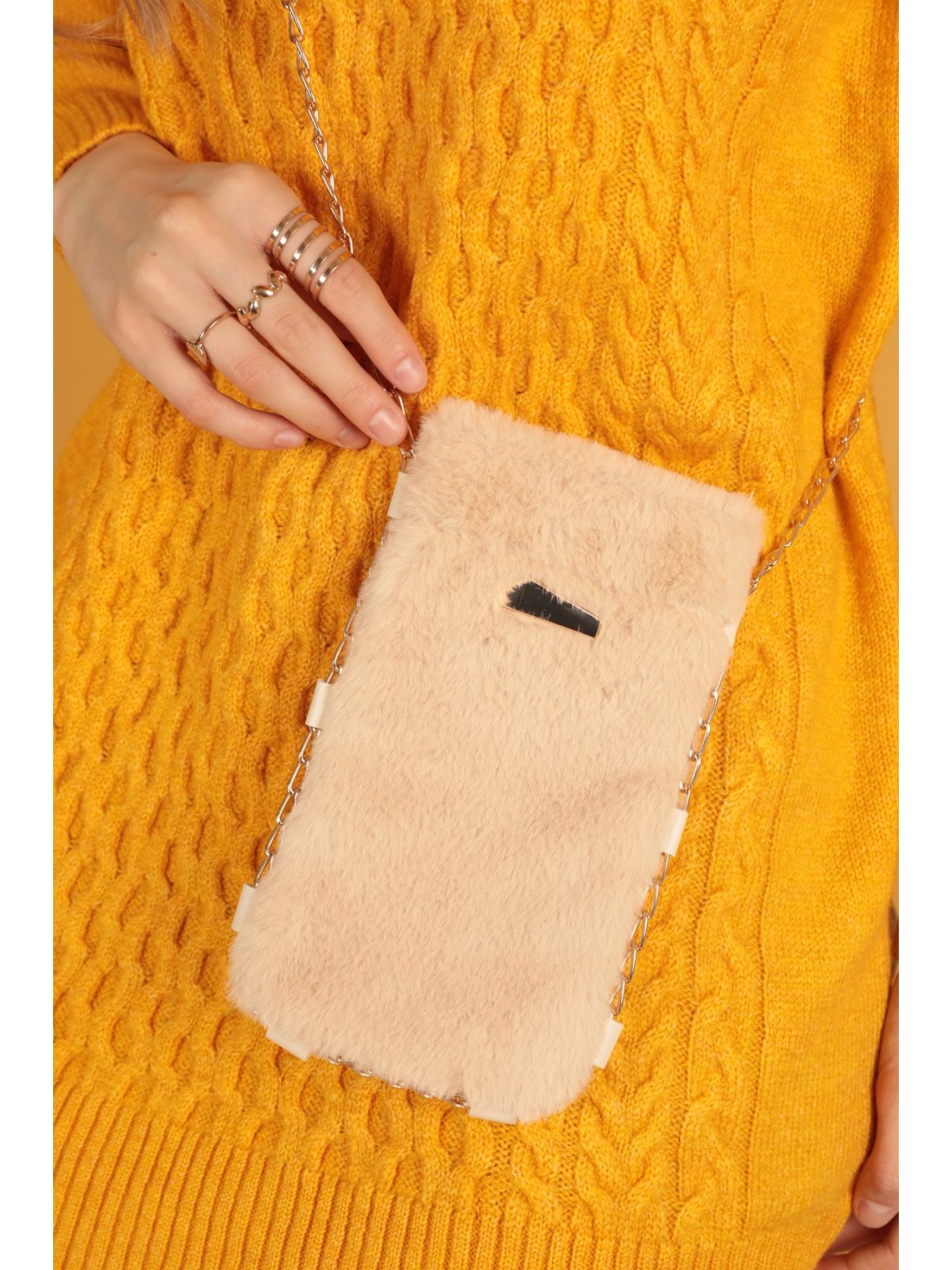 Peluş Kadın Çıtçıtlı Çapraz Çanta-Taba