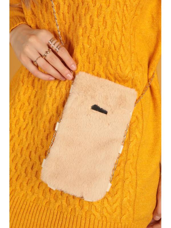 Peluş Kadın Çıtçıtlı Çapraz Çanta-Taba