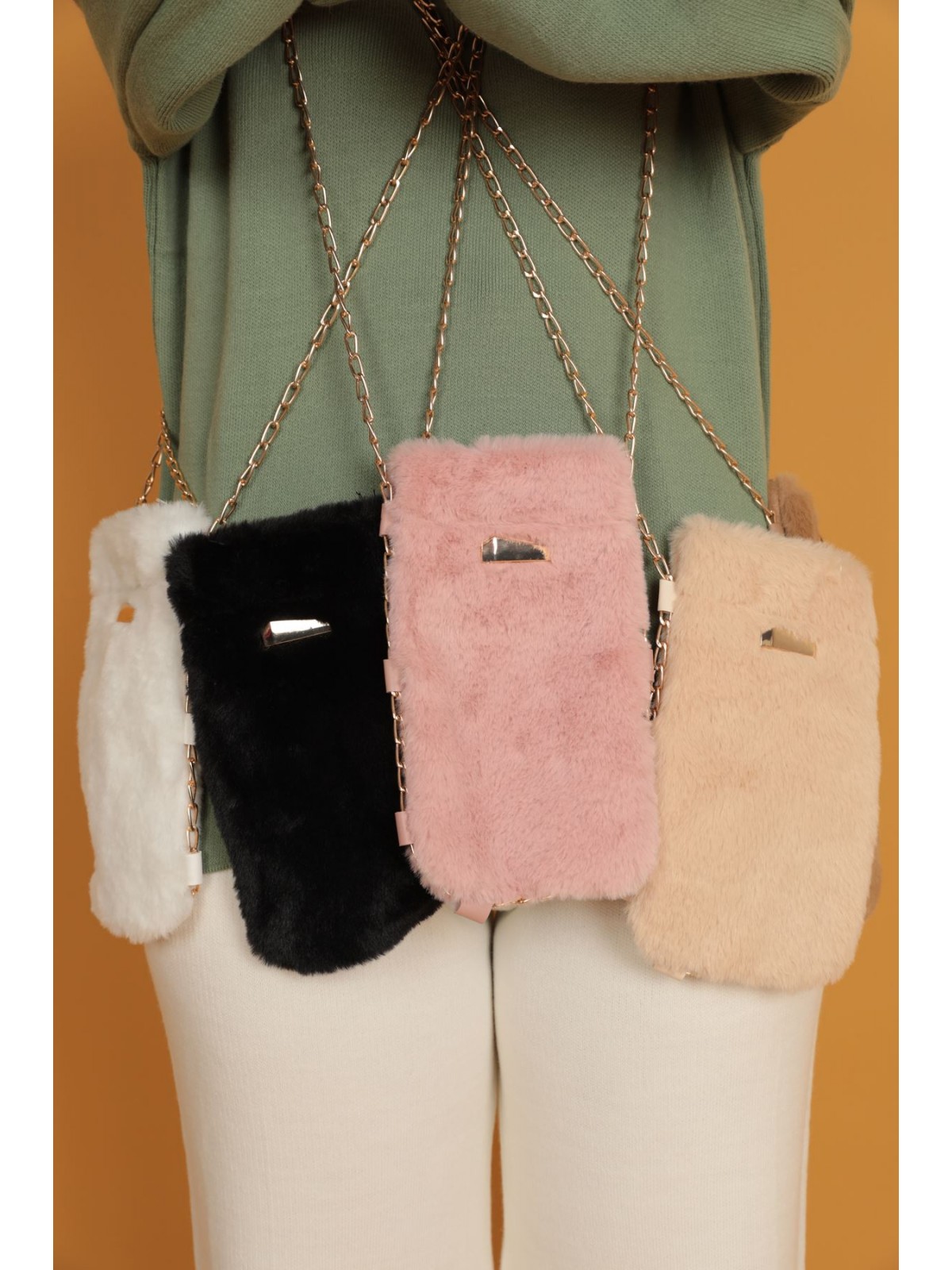 Peluş Kadın Çıtçıtlı Çapraz Çanta-Taba