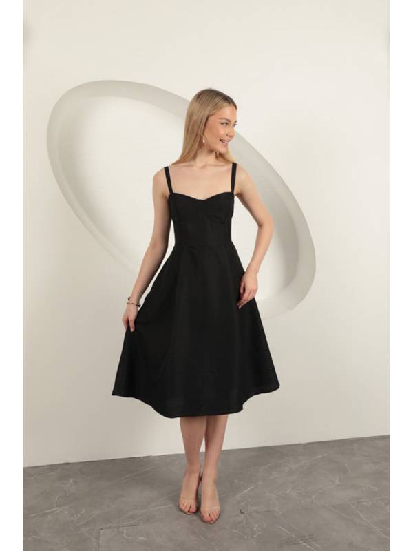 Askılı Midi Elbise-Siyah