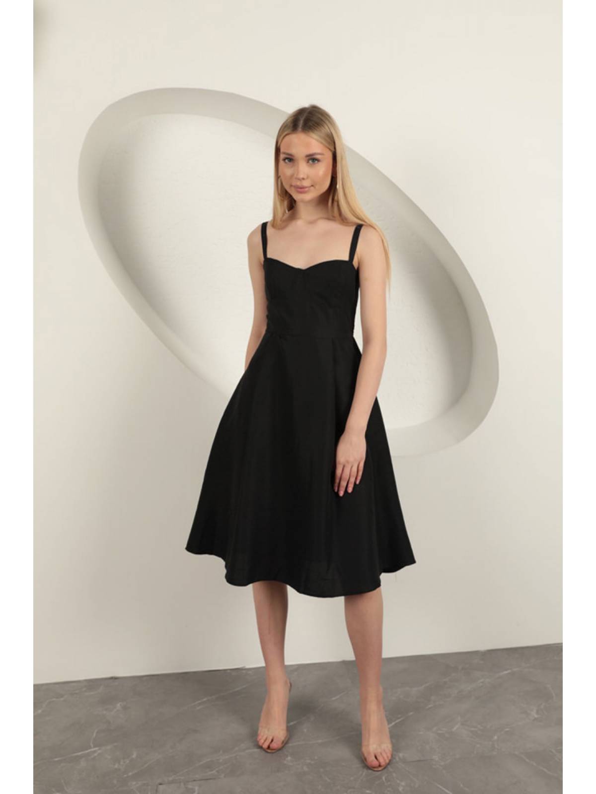 Askılı Midi Elbise-Siyah