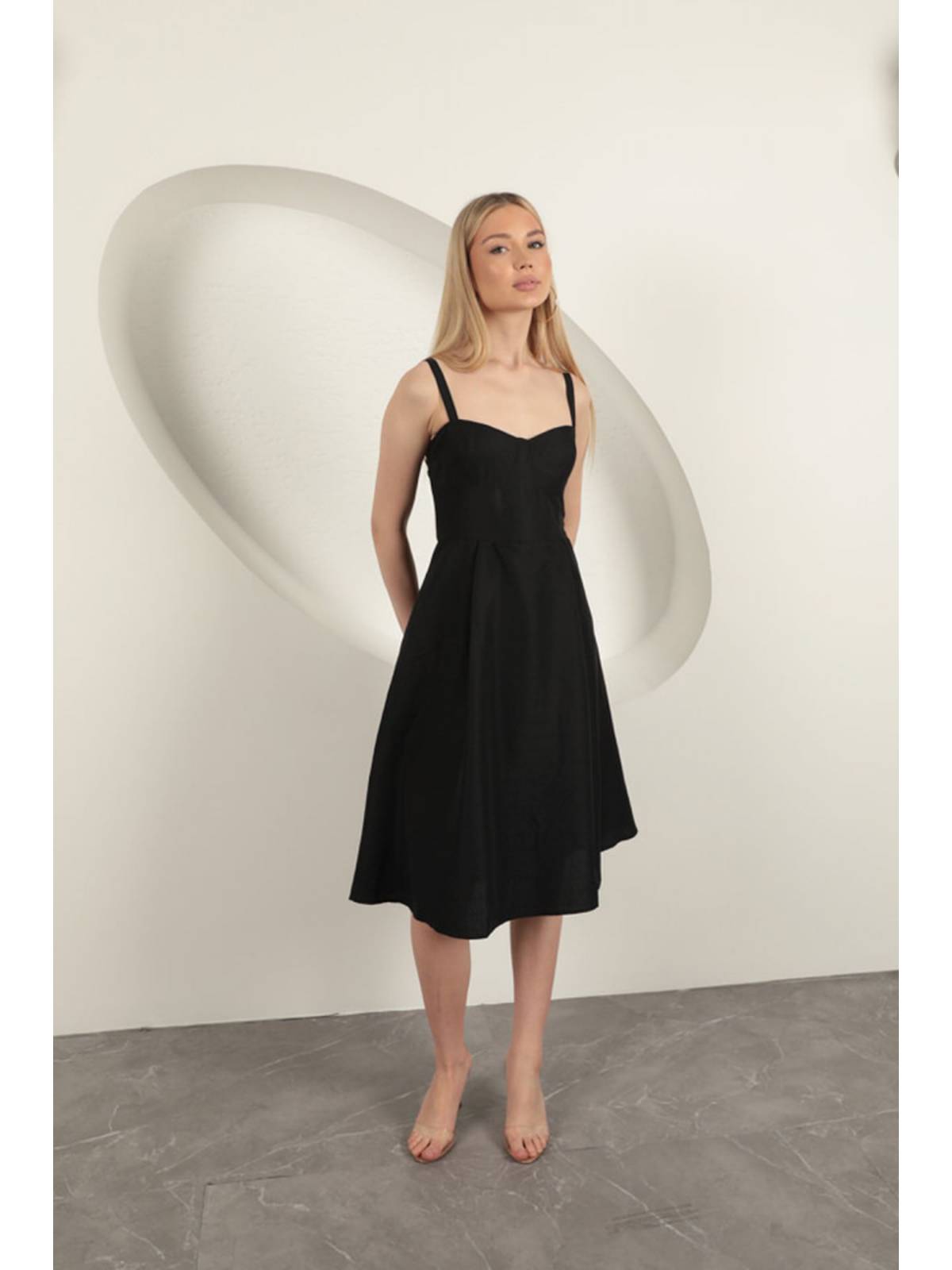 Askılı Midi Elbise-Siyah