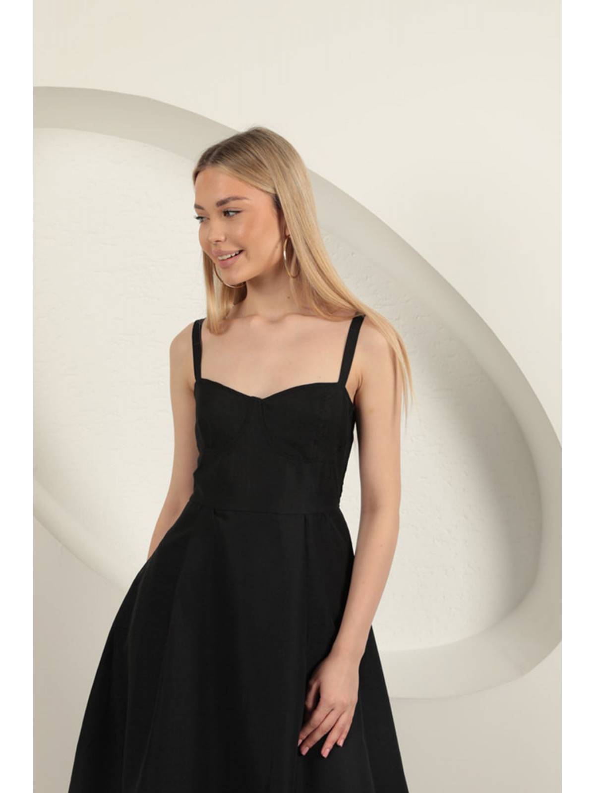 Askılı Midi Elbise-Siyah