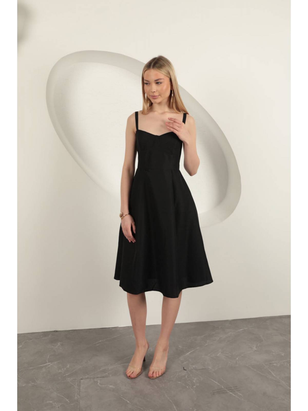 Askılı Midi Elbise-Siyah