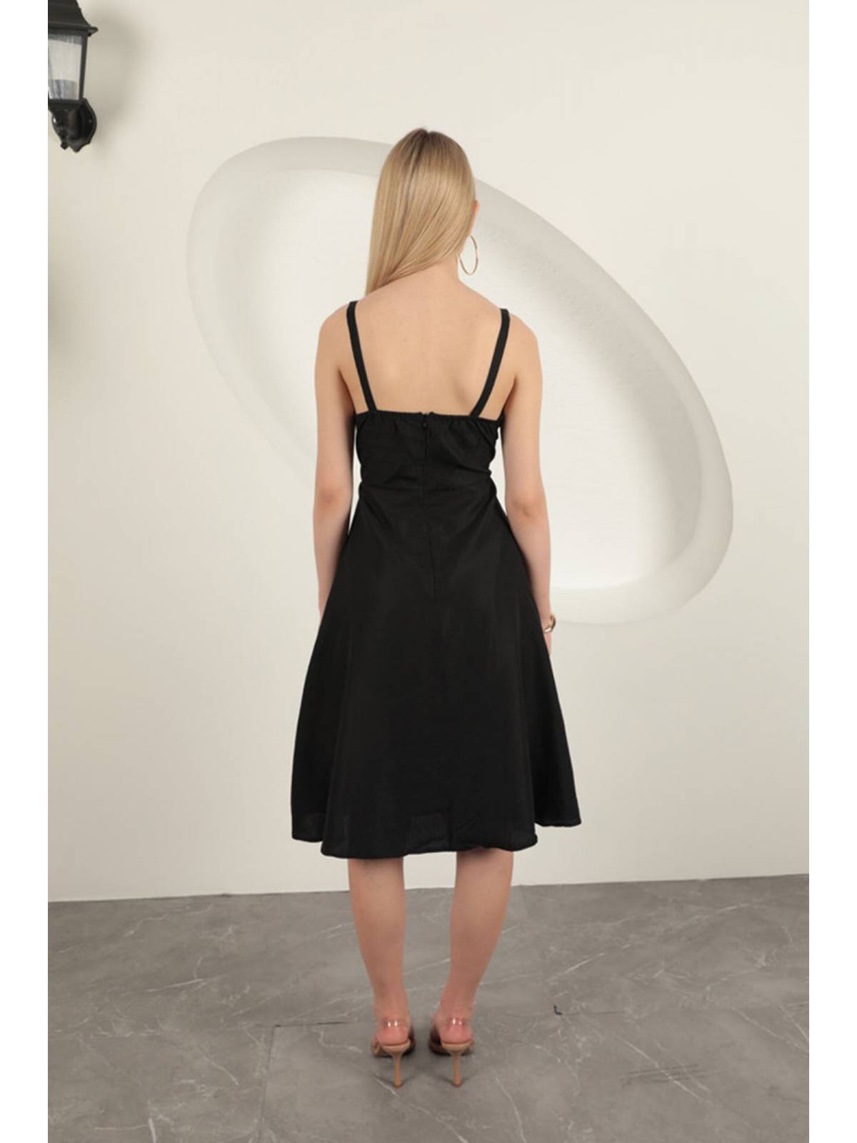 Askılı Midi Elbise-Siyah