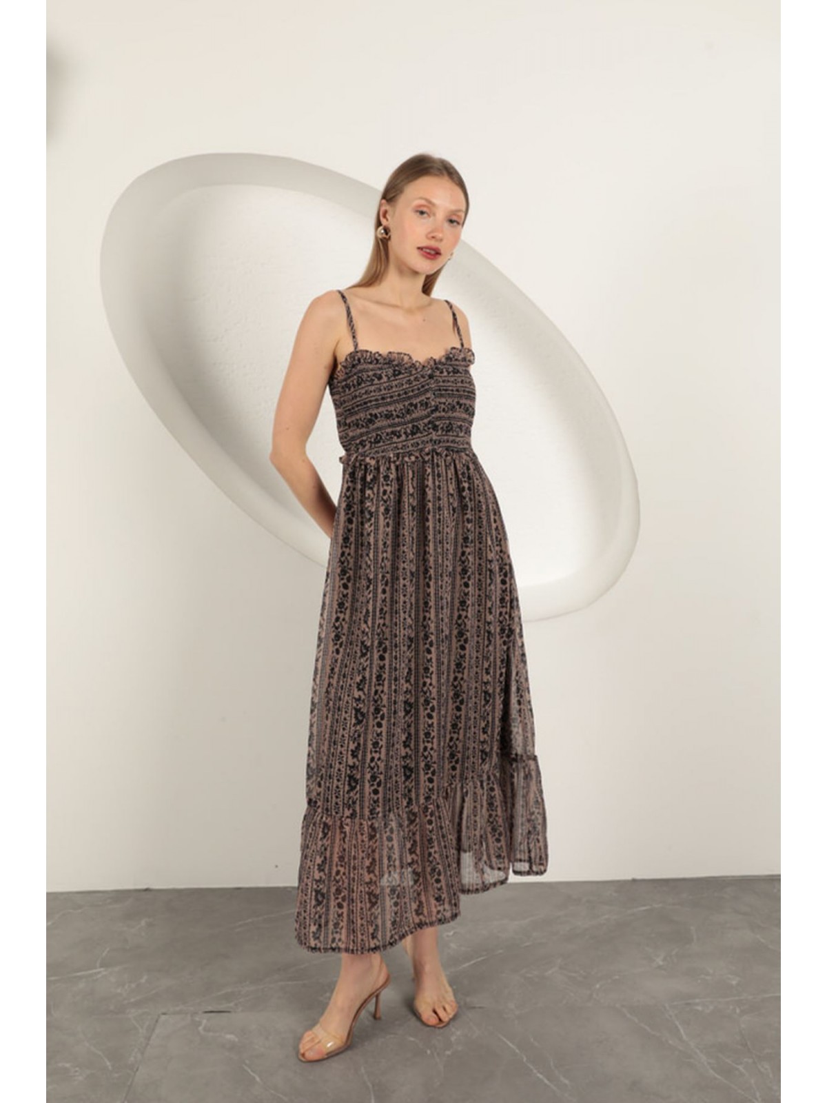 Şifon Kumaş Askılı Elbise-Kahve