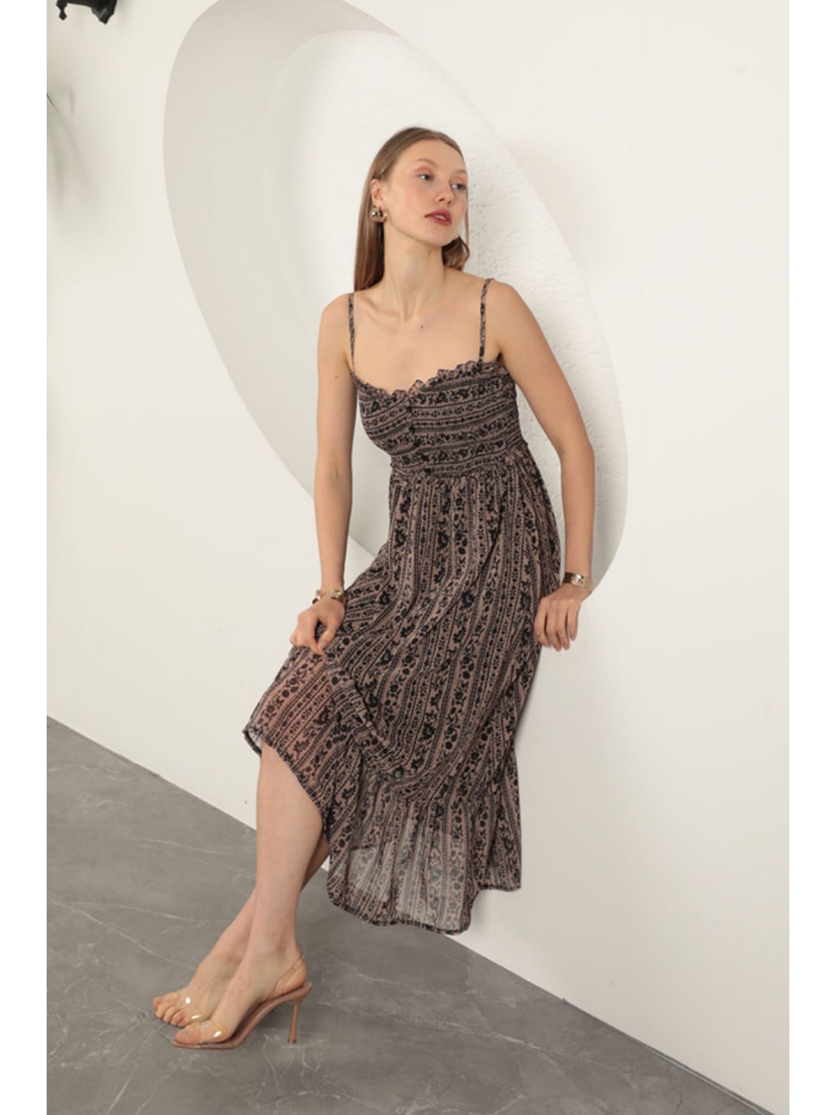 Şifon Kumaş Askılı Elbise-Kahve