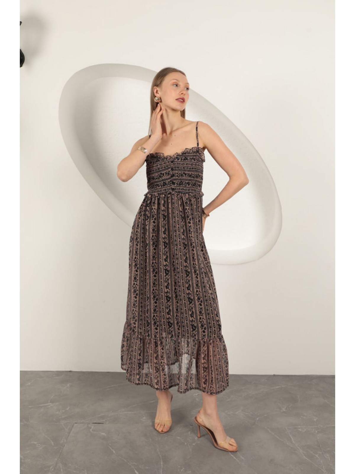 Şifon Kumaş Askılı Elbise-Kahve