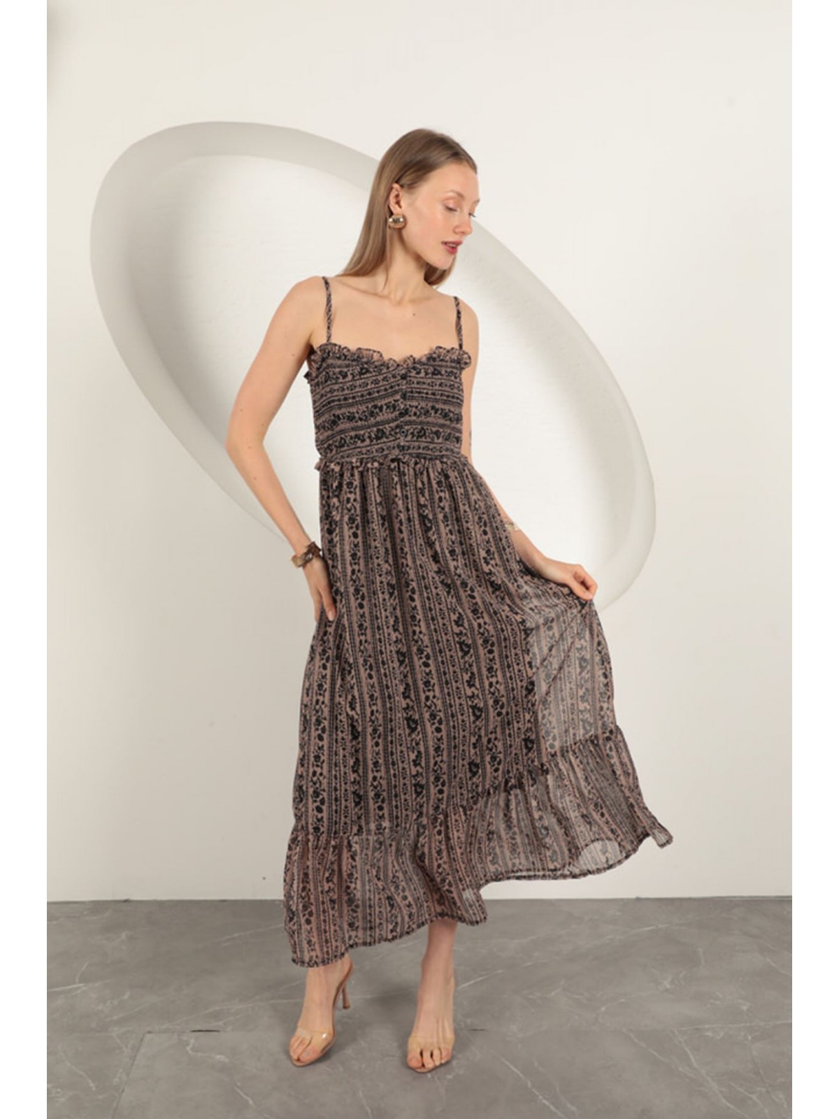 Şifon Kumaş Askılı Elbise-Kahve