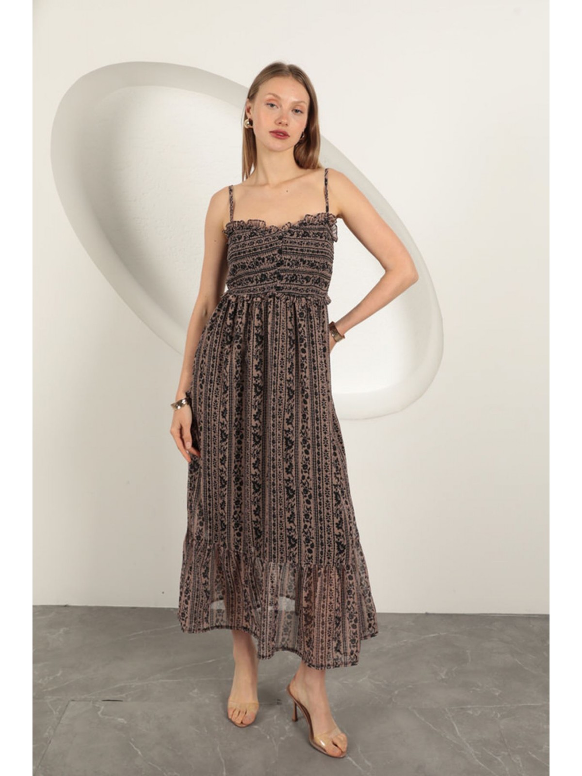 Şifon Kumaş Askılı Elbise-Kahve