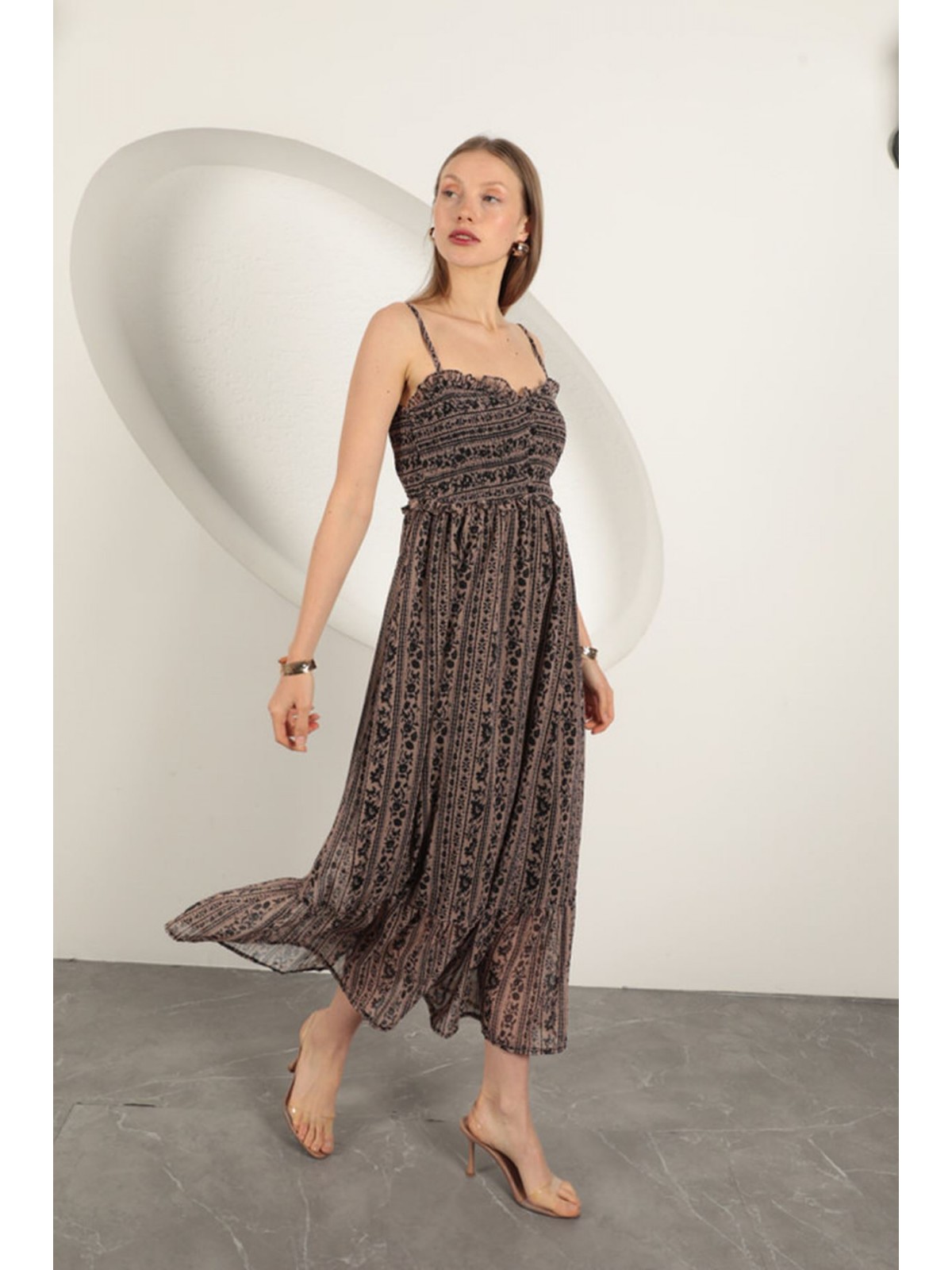 Şifon Kumaş Askılı Elbise-Kahve