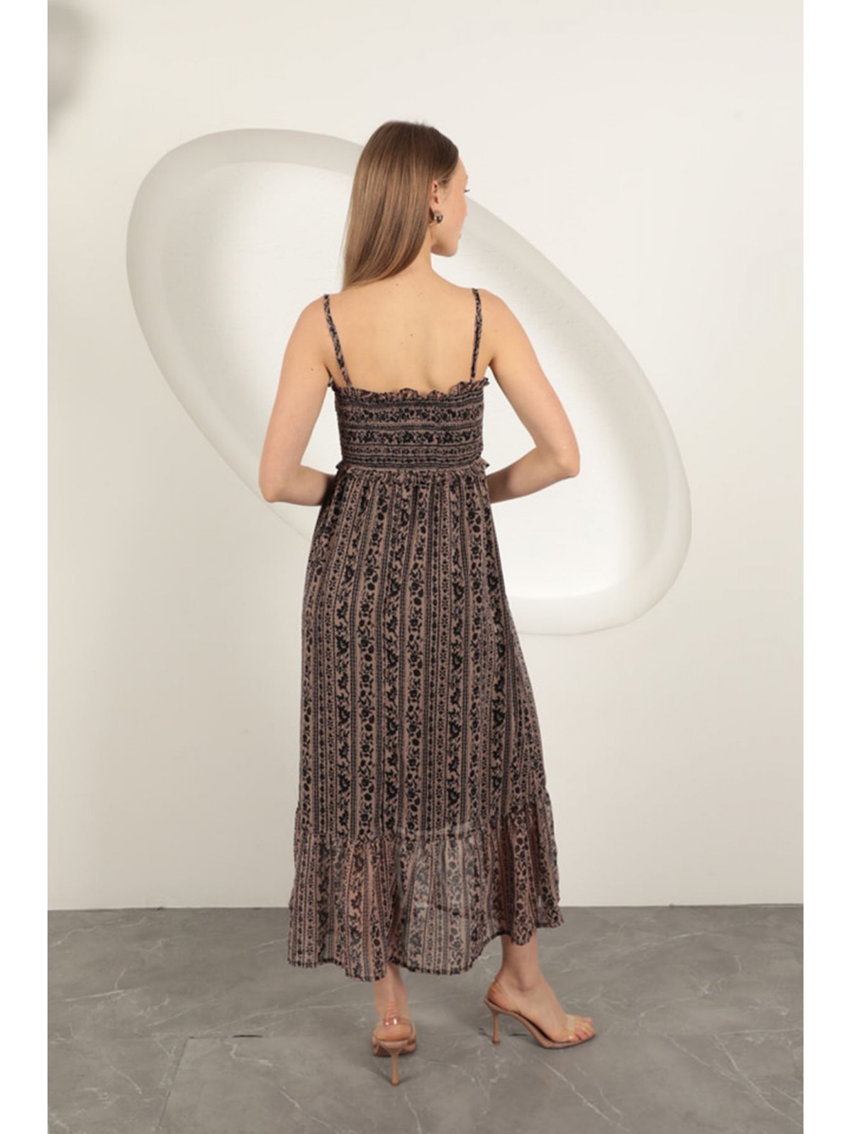 Şifon Kumaş Askılı Elbise-Kahve