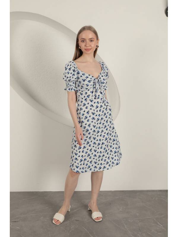 Bürümcük Çıtır Çiçek Desen Elbise-Saks