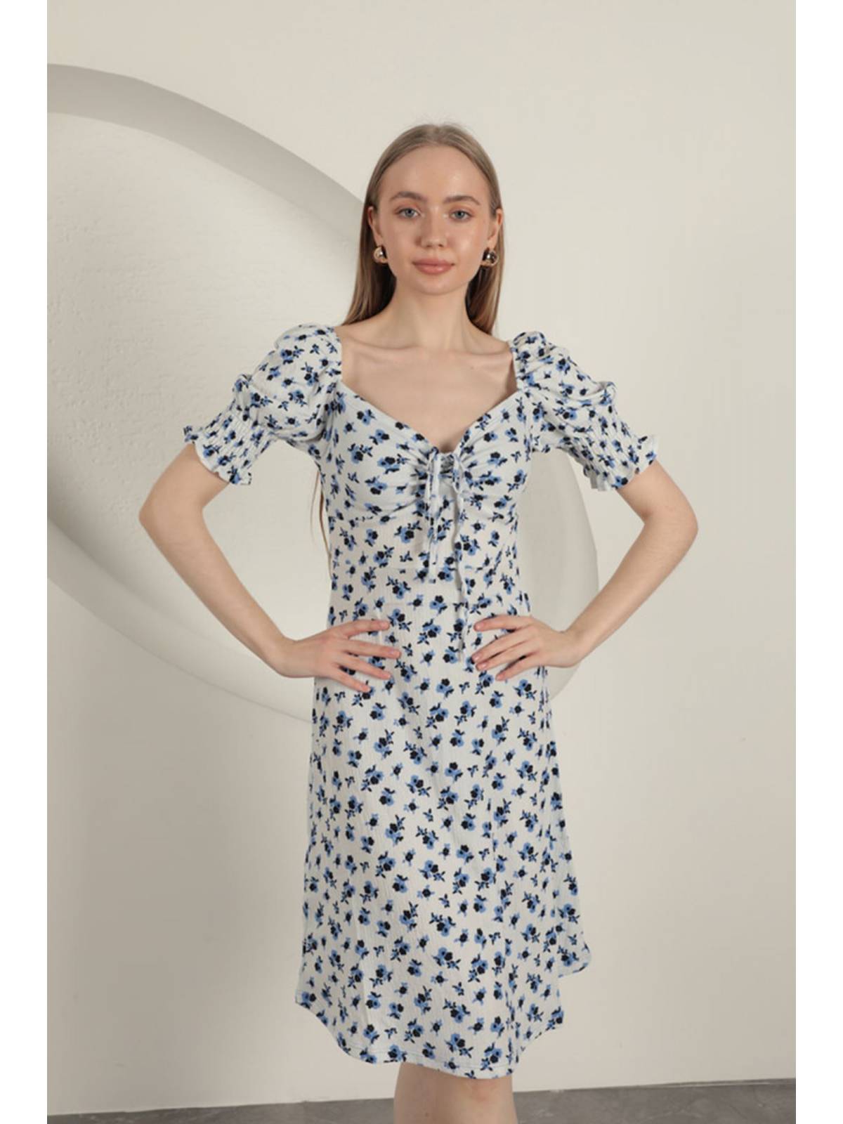 Bürümcük Çıtır Çiçek Desen Elbise-Saks