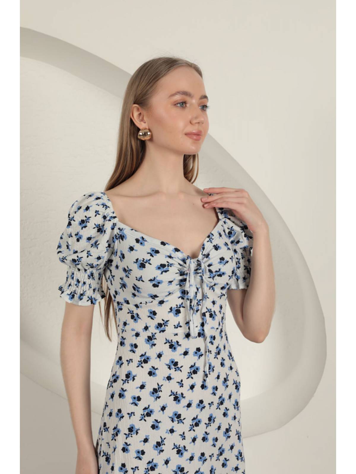 Bürümcük Çıtır Çiçek Desen Elbise-Saks