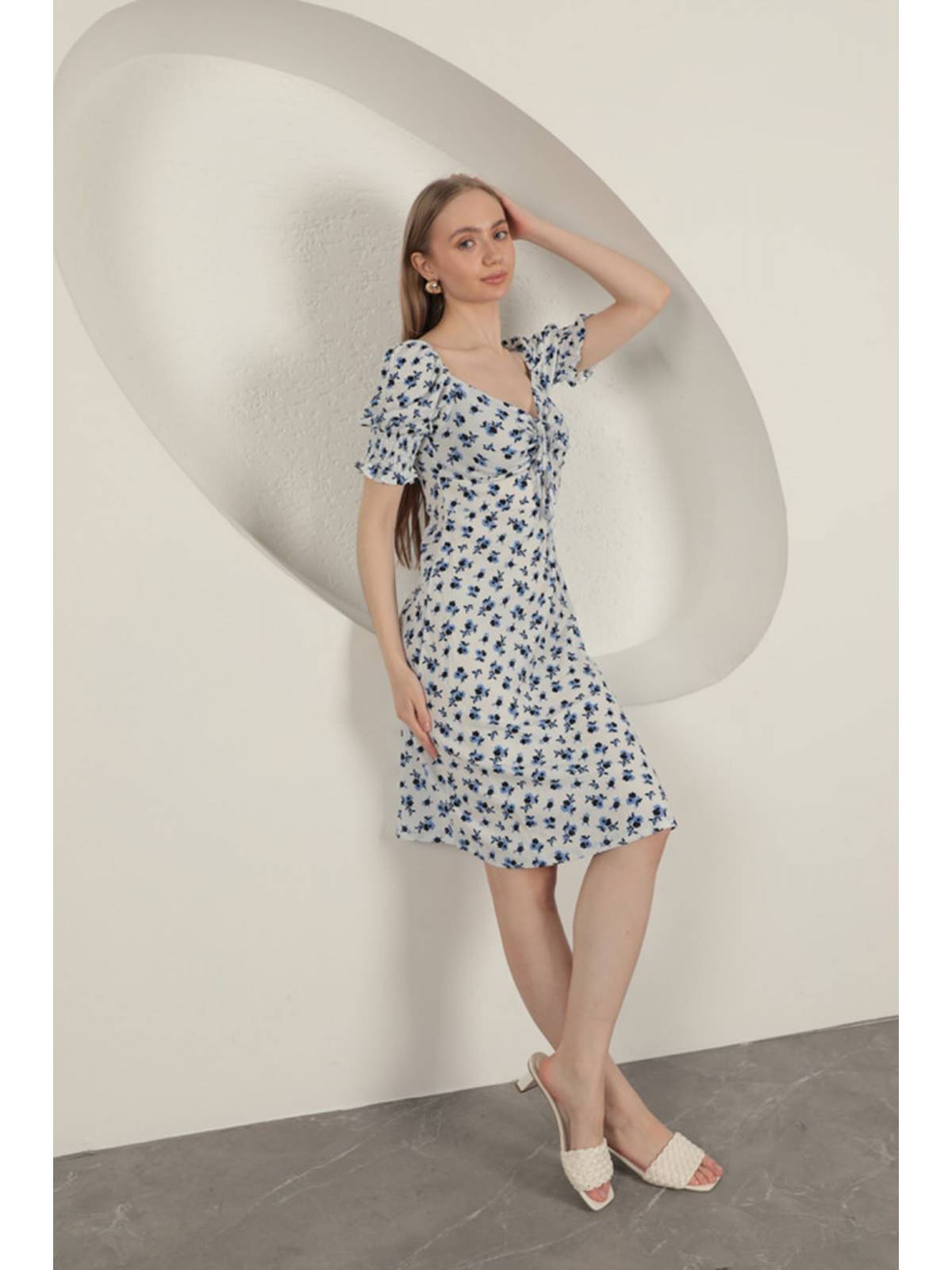 Bürümcük Çıtır Çiçek Desen Elbise-Saks