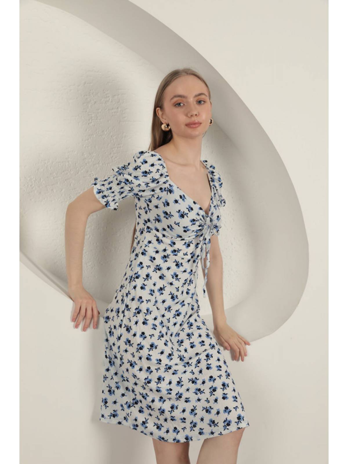 Bürümcük Çıtır Çiçek Desen Elbise-Saks