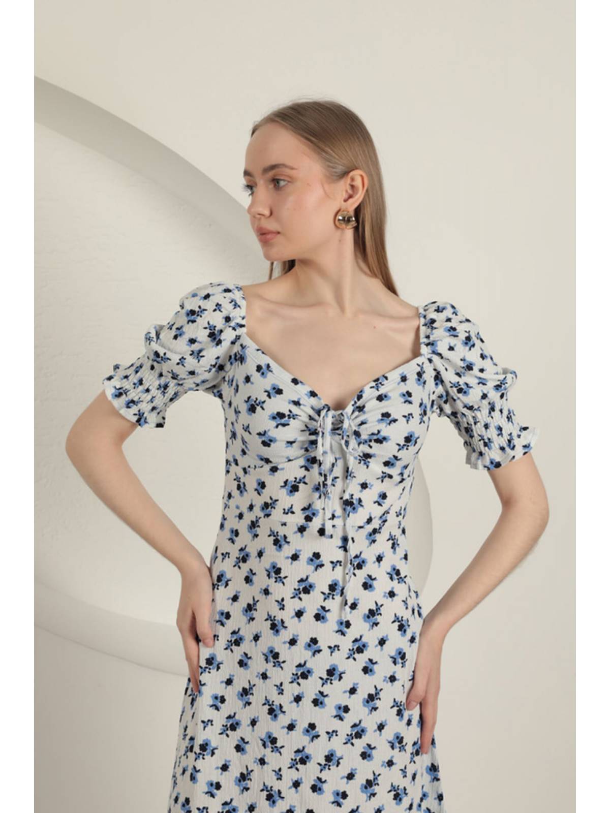 Bürümcük Çıtır Çiçek Desen Elbise-Saks