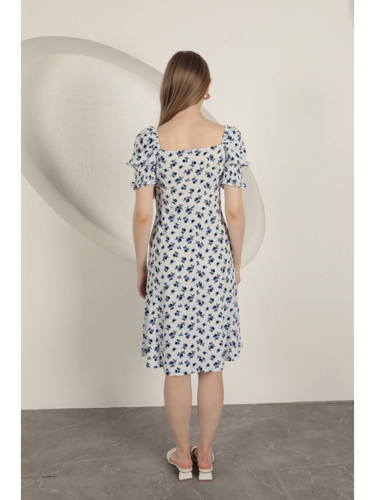 Bürümcük Çıtır Çiçek Desen Elbise-Saks